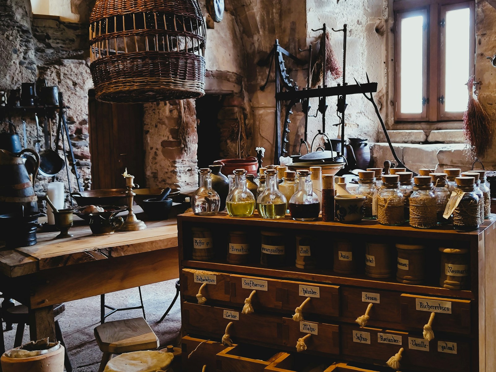 a room with a bunch of bottles on a table